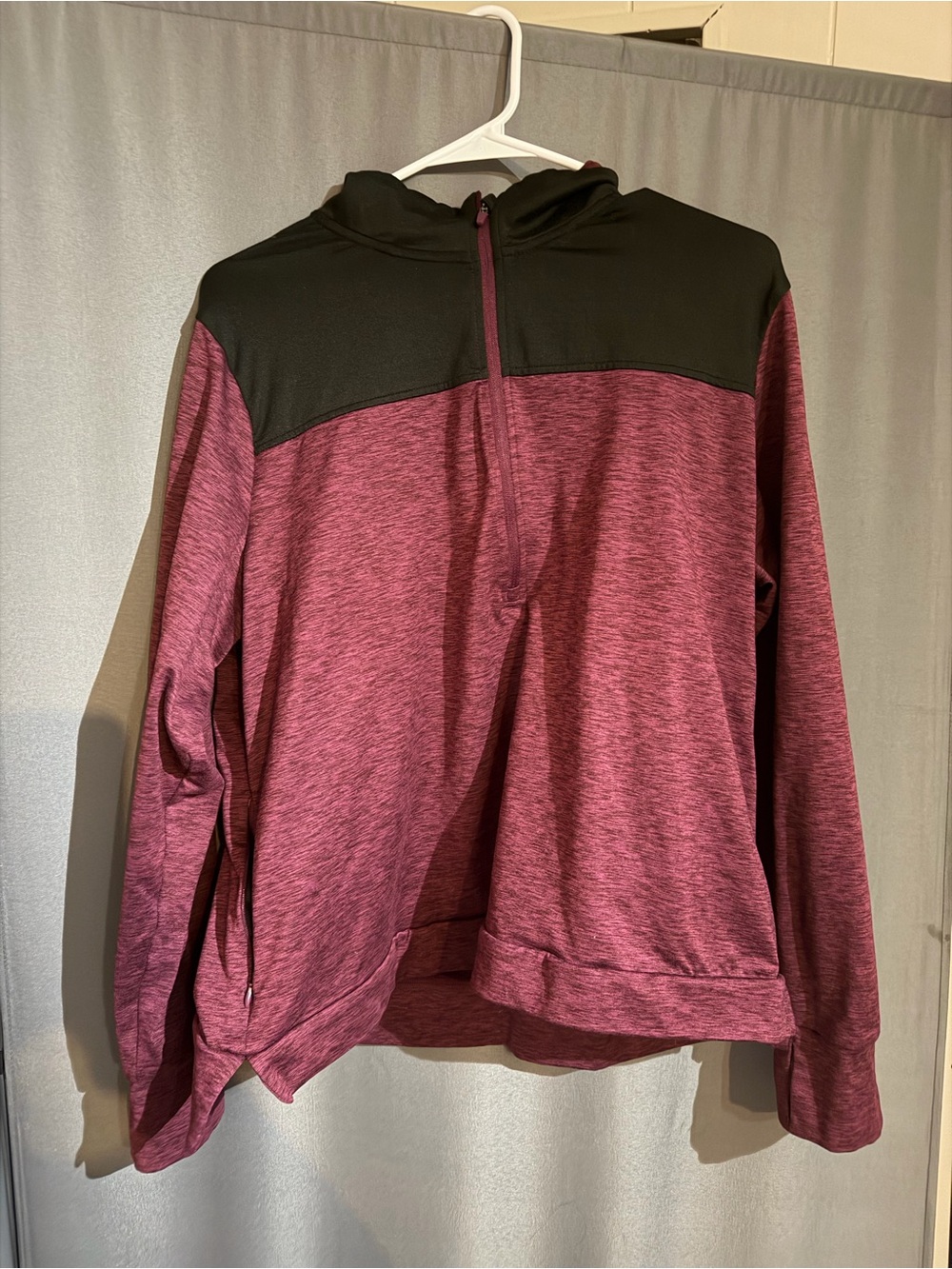 Women’s Half-Zip Hooded Pullover Sweatshirt in Maroon and Black